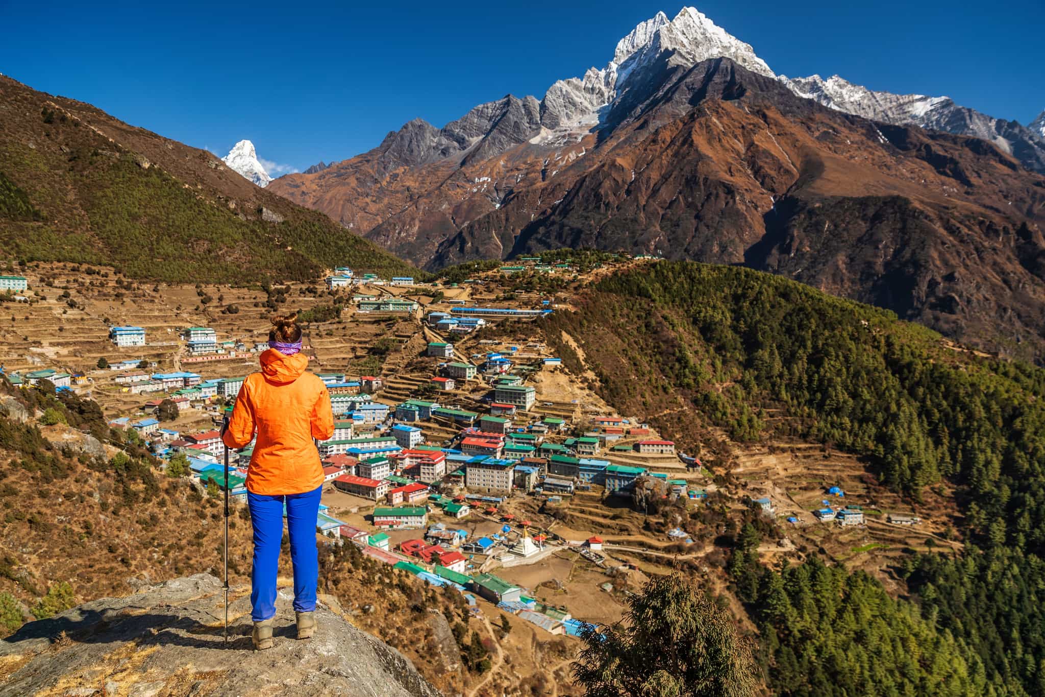 Hiker overlooking Namche Bazar Photo: GettyImages-1213430942
