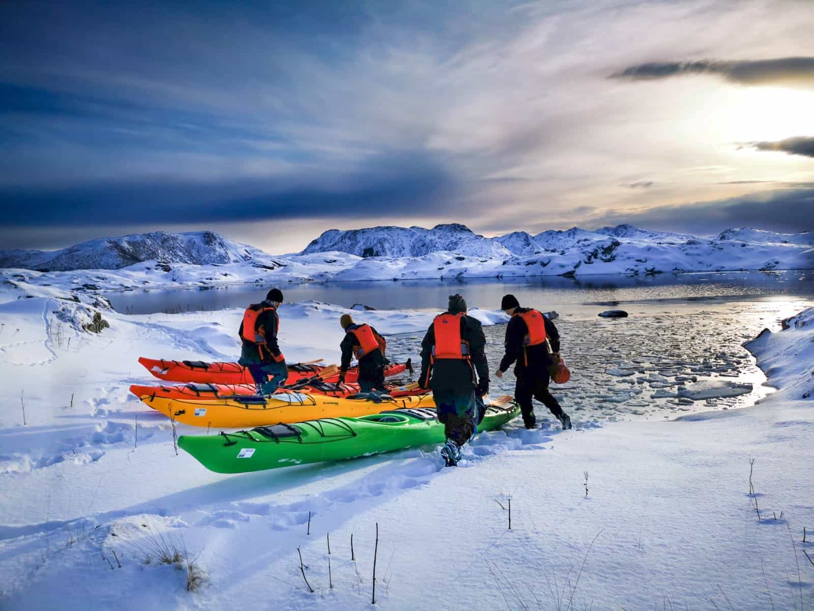Kayakers, Lofoten Islands, Norway.