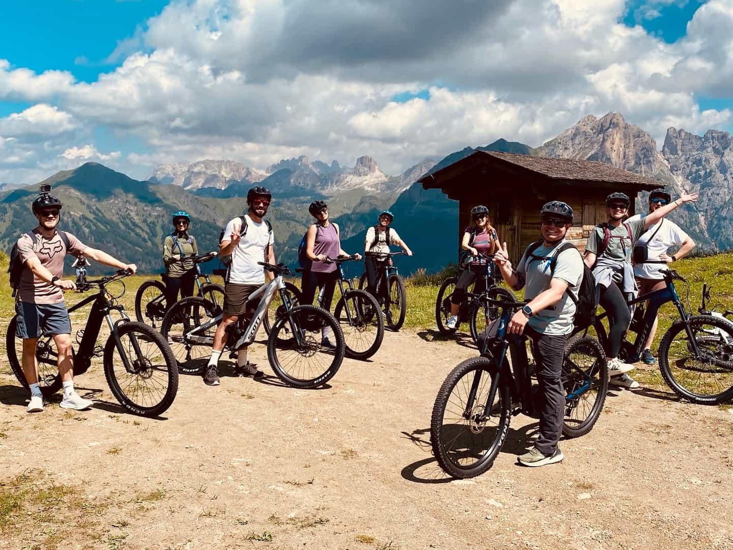 Mountain bikers on Mount Fertazza, Dolomites, Italy.