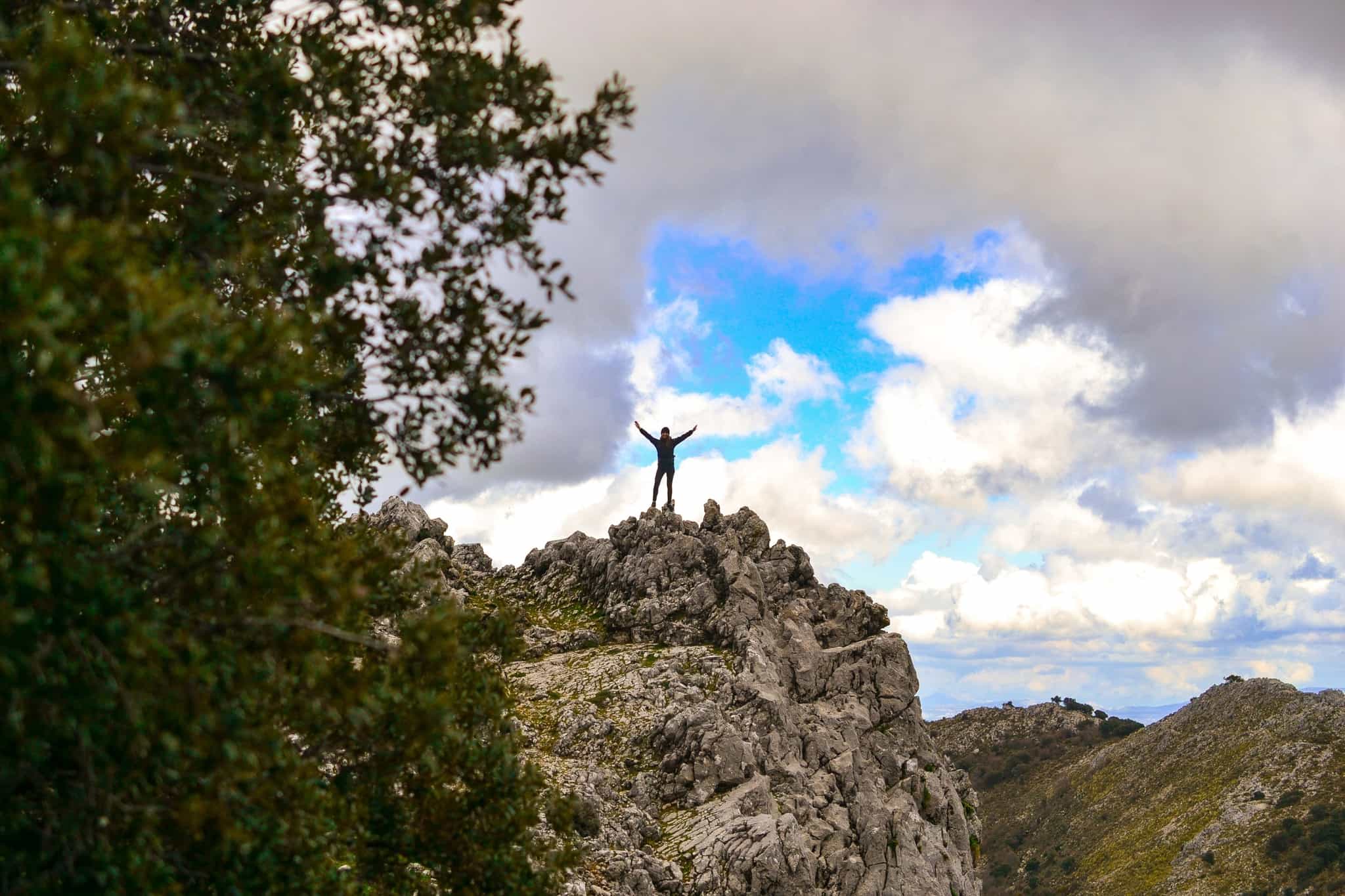 Hiker on the Pinsapar Trail in the Sierra Grazalema, Andalucia. Spain.