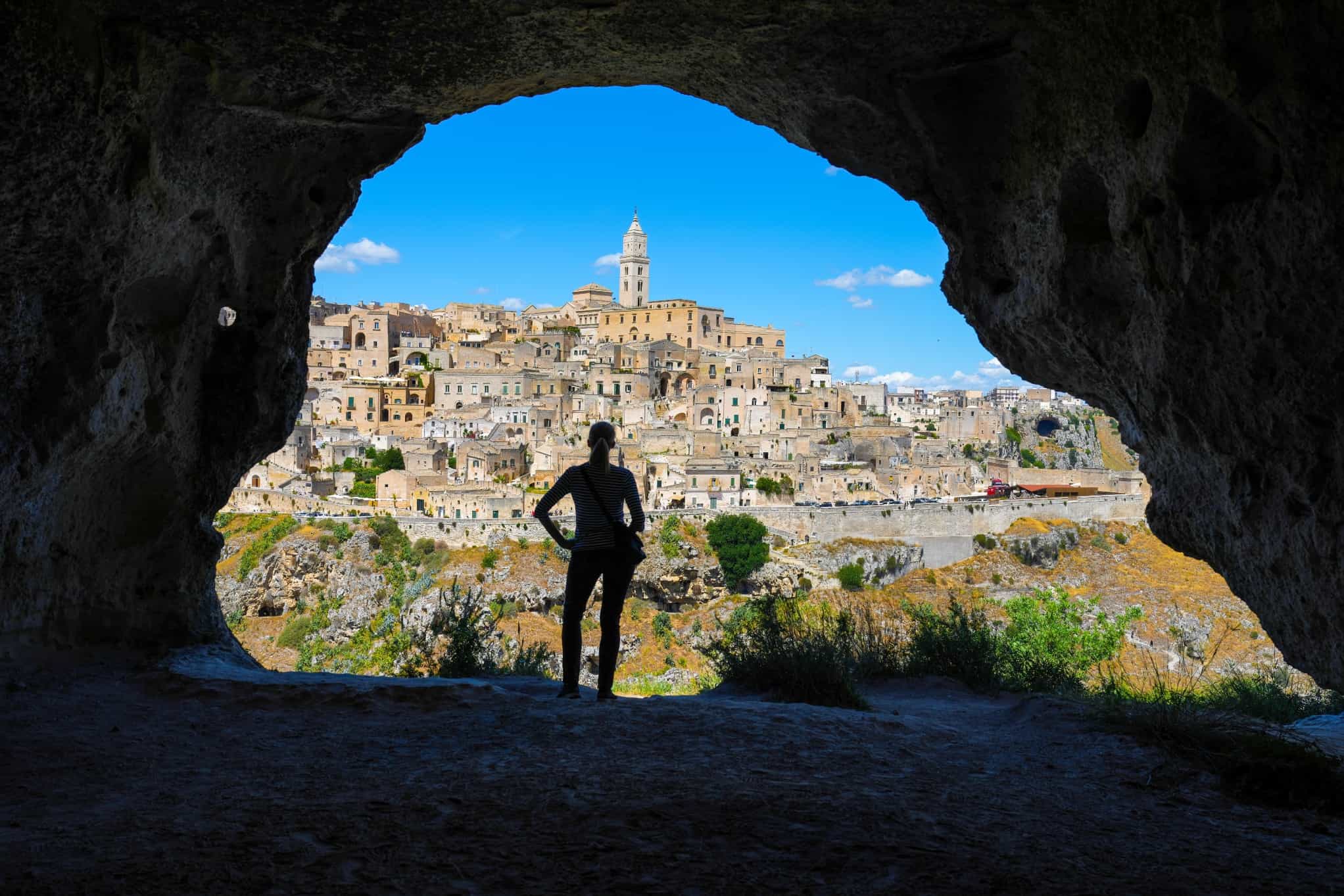 View of Matera from inside a Sassi cave.