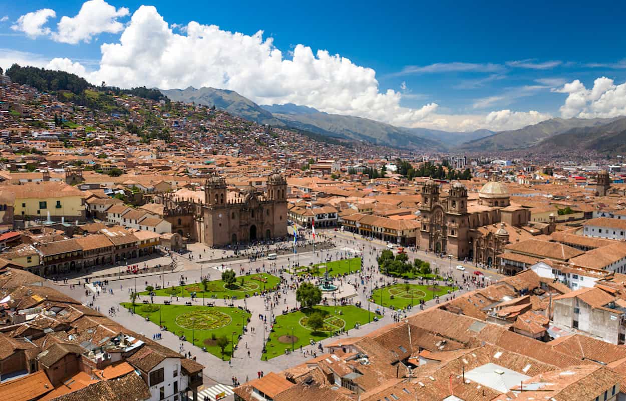 Aerial view over the city of Cusco in Peru's Sacred Valley