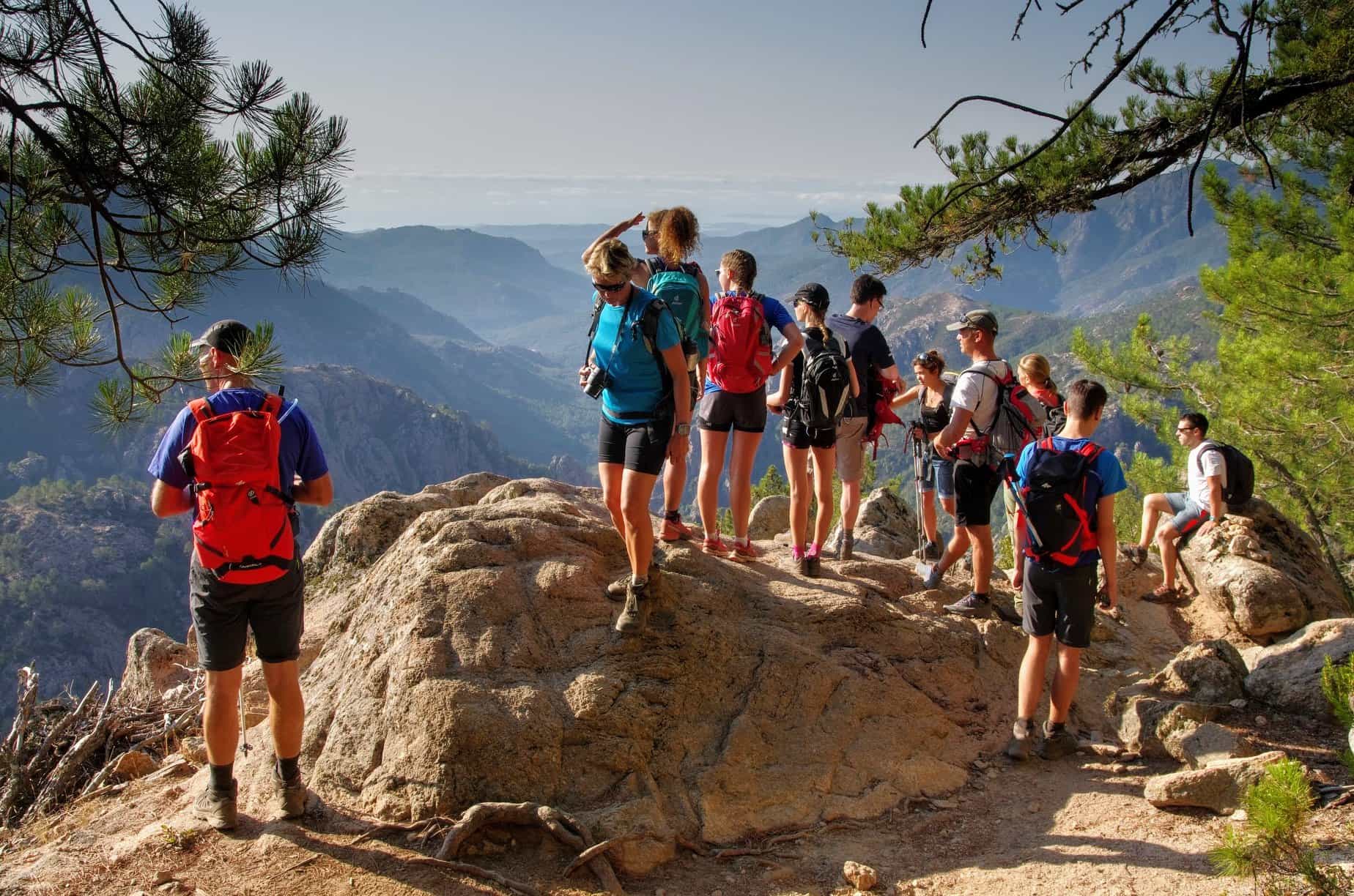 Group of trekkers near the end of the GR20 in Bonifatu, Corsica