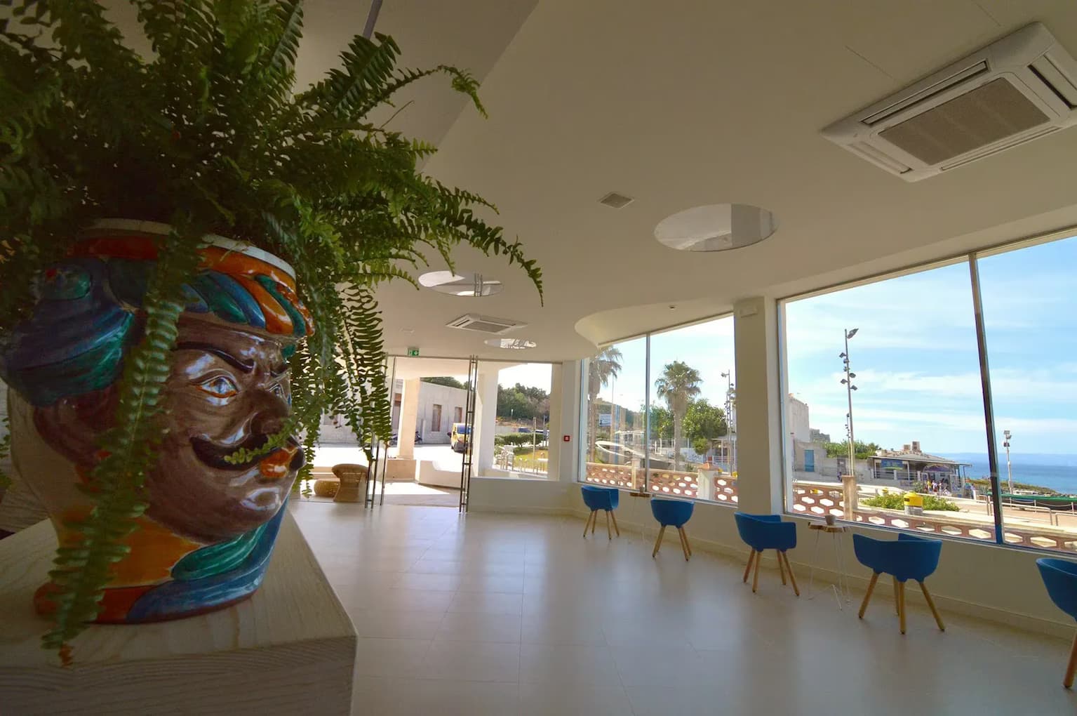 Lobby & beach view from Hotel Vittorio, Portopalo di Capo Passero, Siciliy