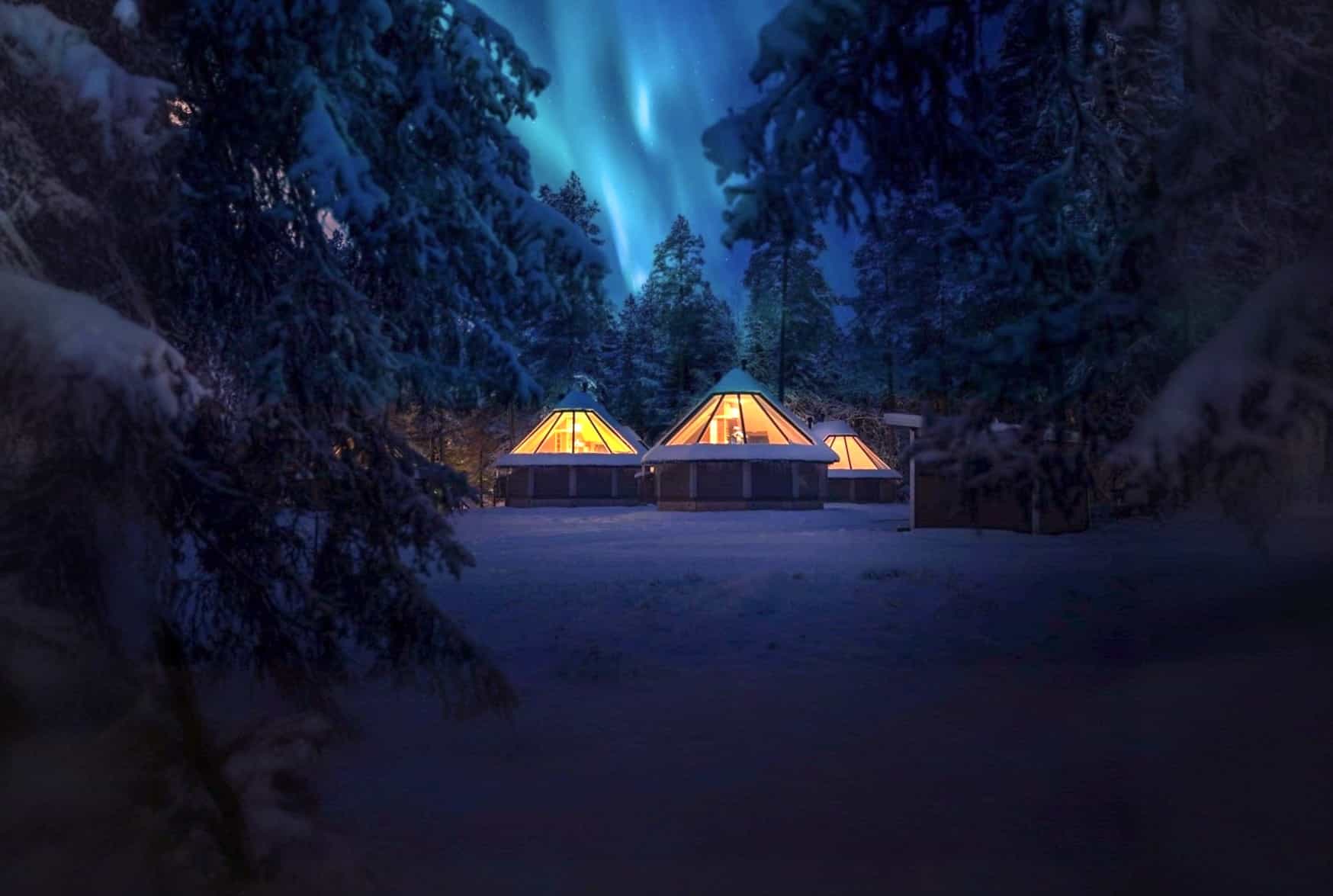 Glass roofed cabins in the forest in Pyha, Finland
