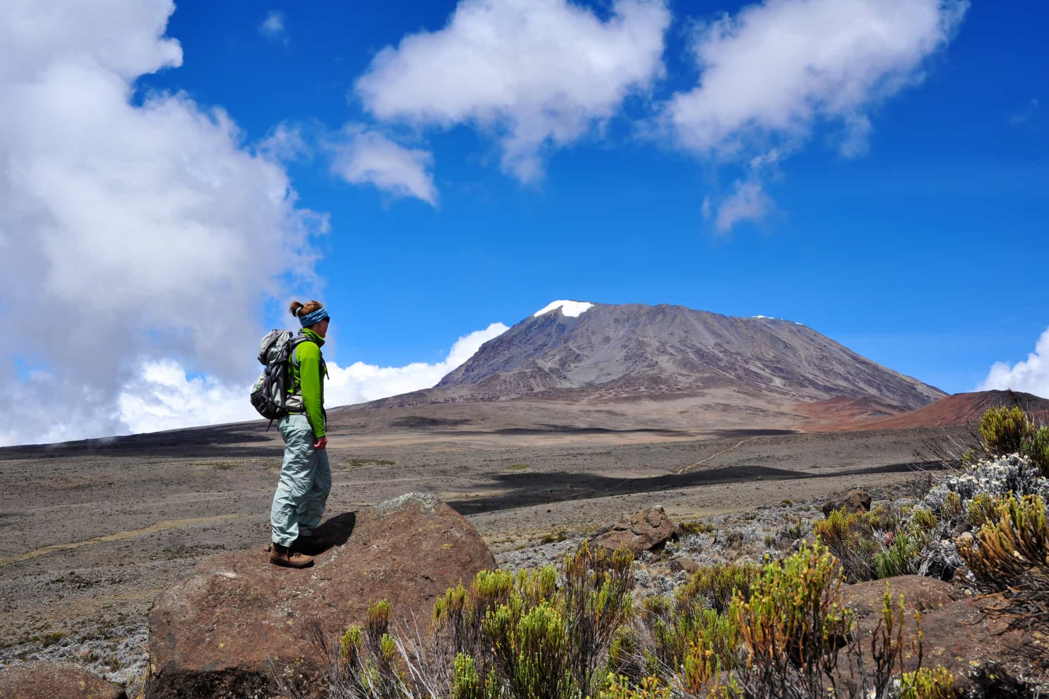 Hiker looking up to Kilimanjaro. Photo: GettyImages-95849985