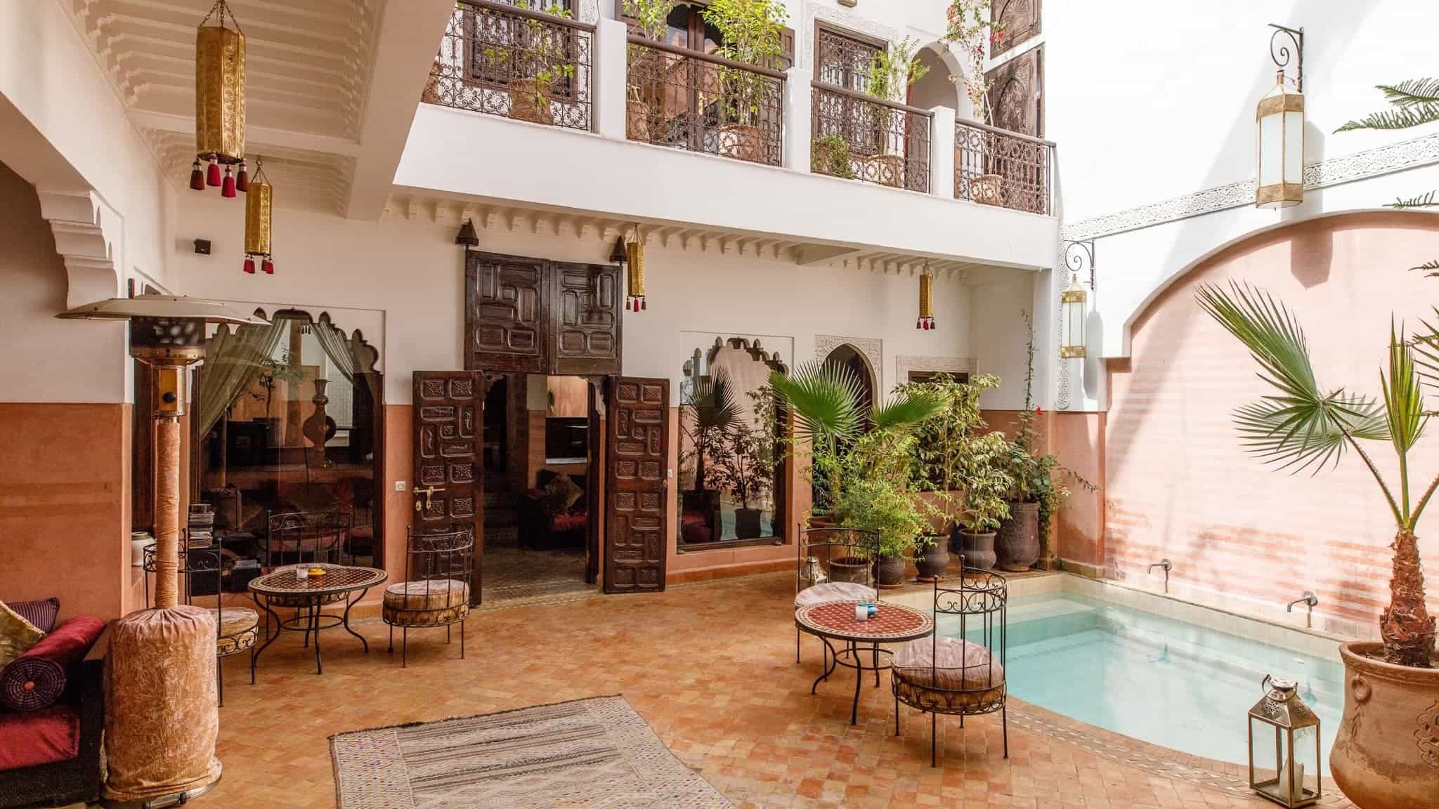 The inside of a beautiful riad in Marrakesh, Morocco.