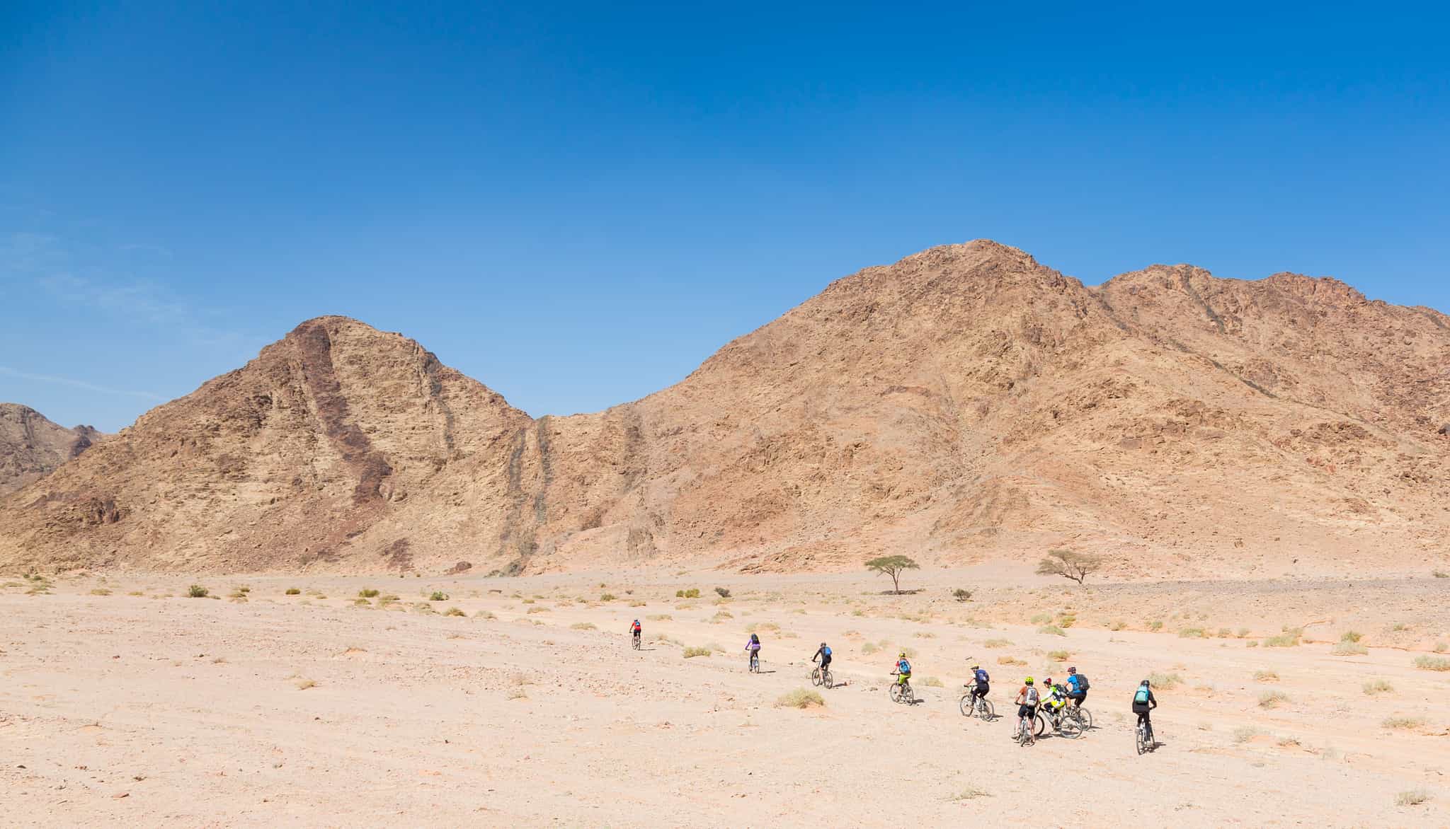 Group of mountain bikers passing a section of the Jordan Desert near Wadi Rum