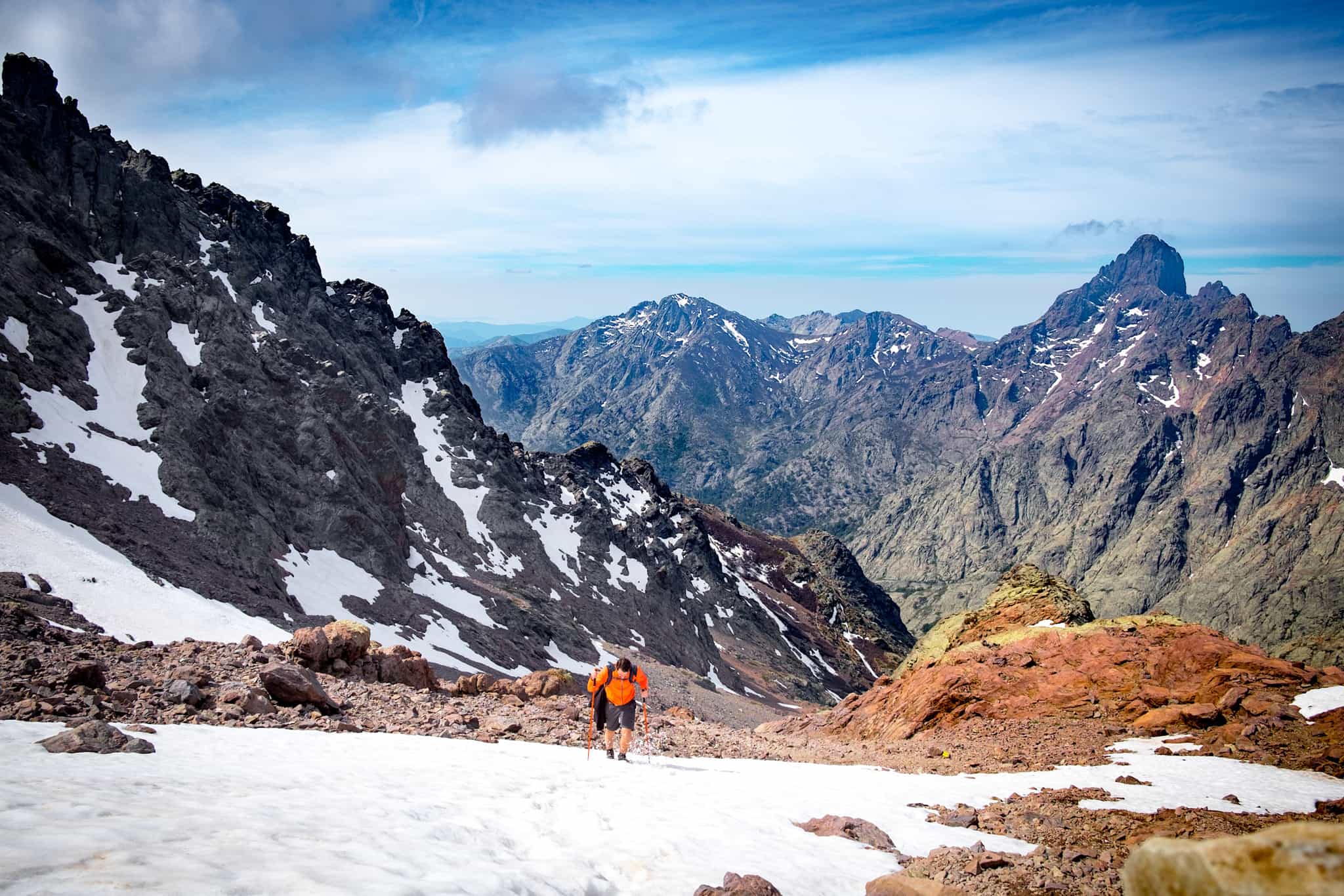 Trekking near Monte Cinto on the GR20 in Corsica.