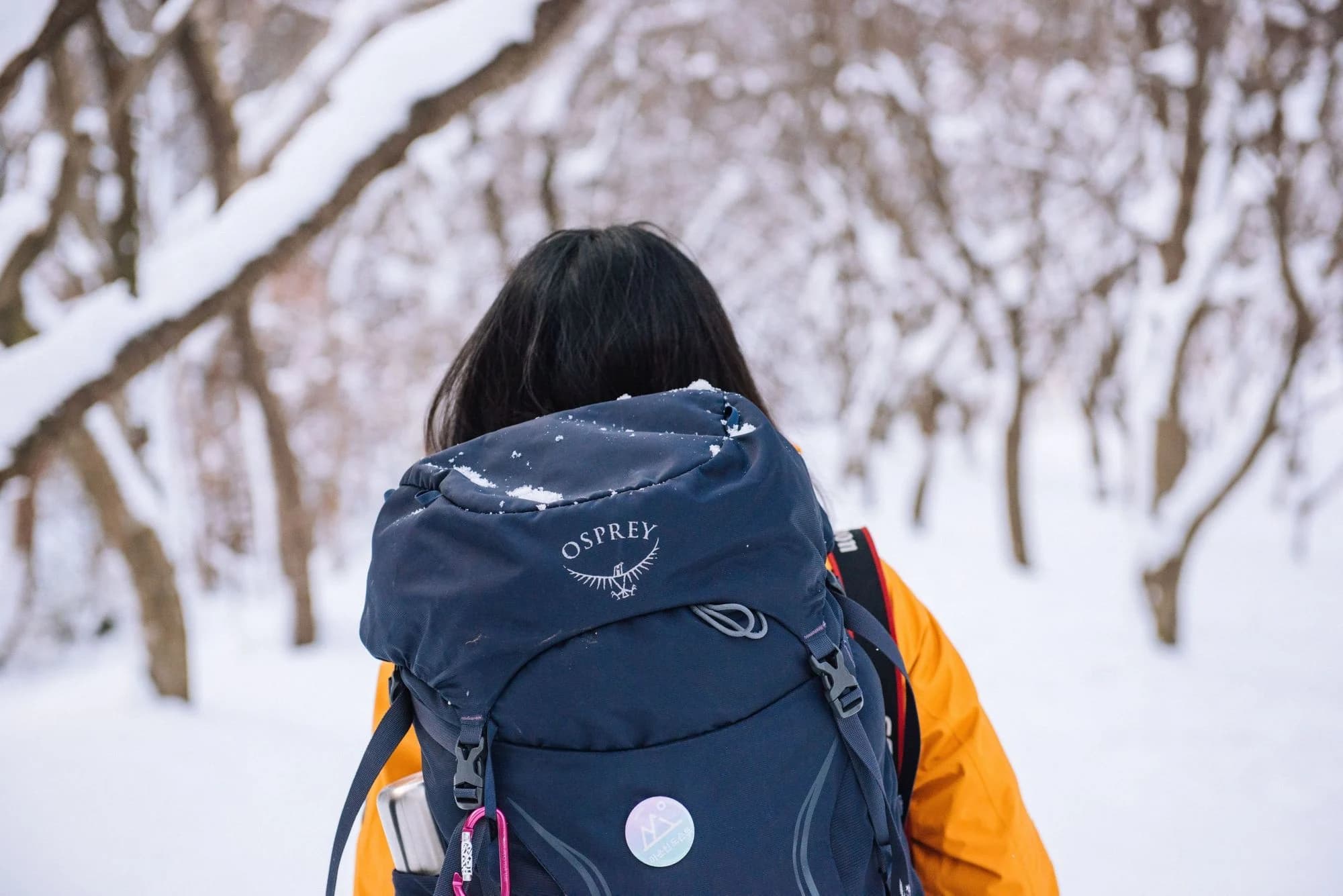 A woman in a backpack wonders in the snow. Photo: Unsplash / Suhyeon Choi