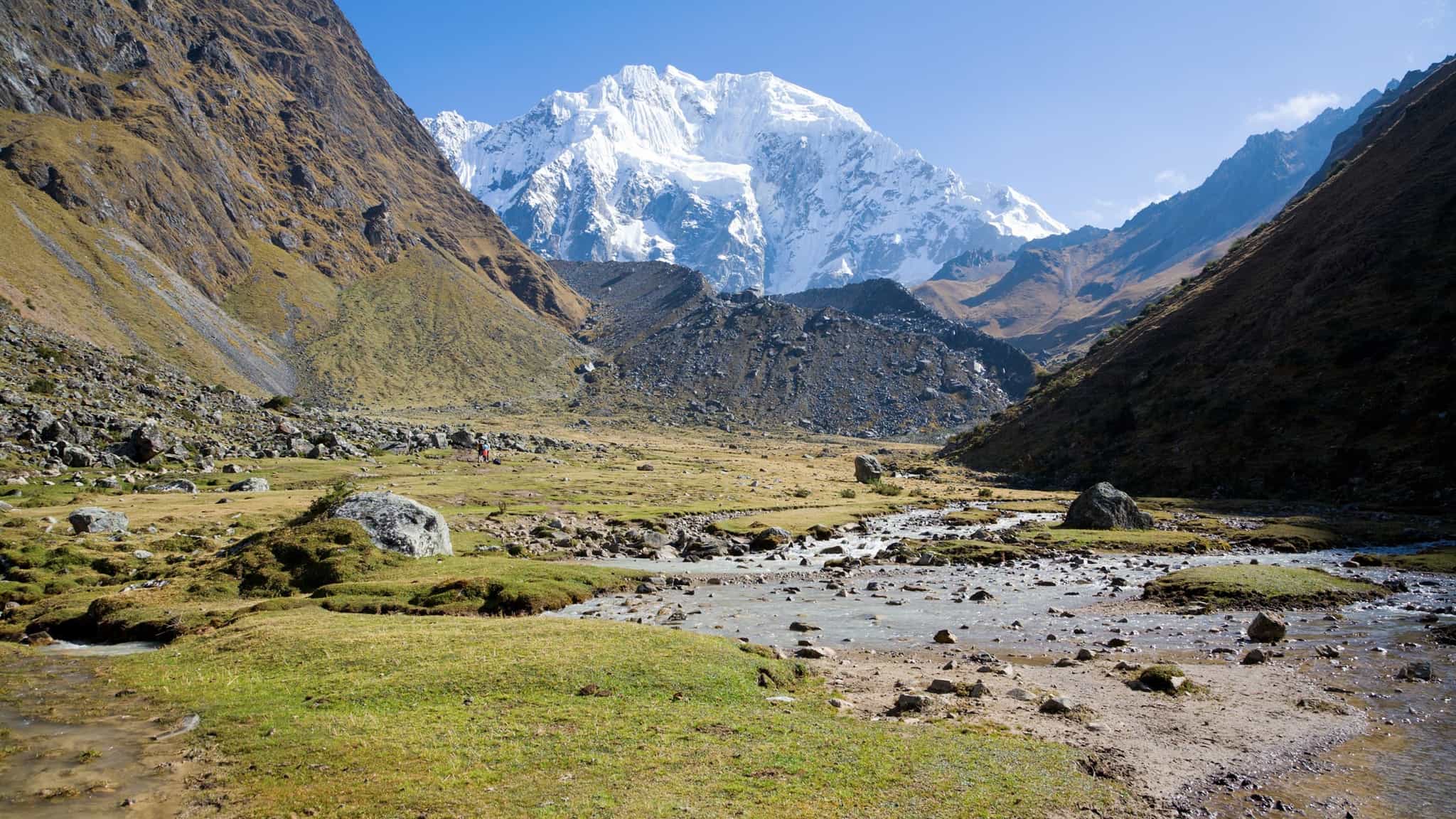 Valley with view of Salkantay on the way to Machu Picchu in Peru.