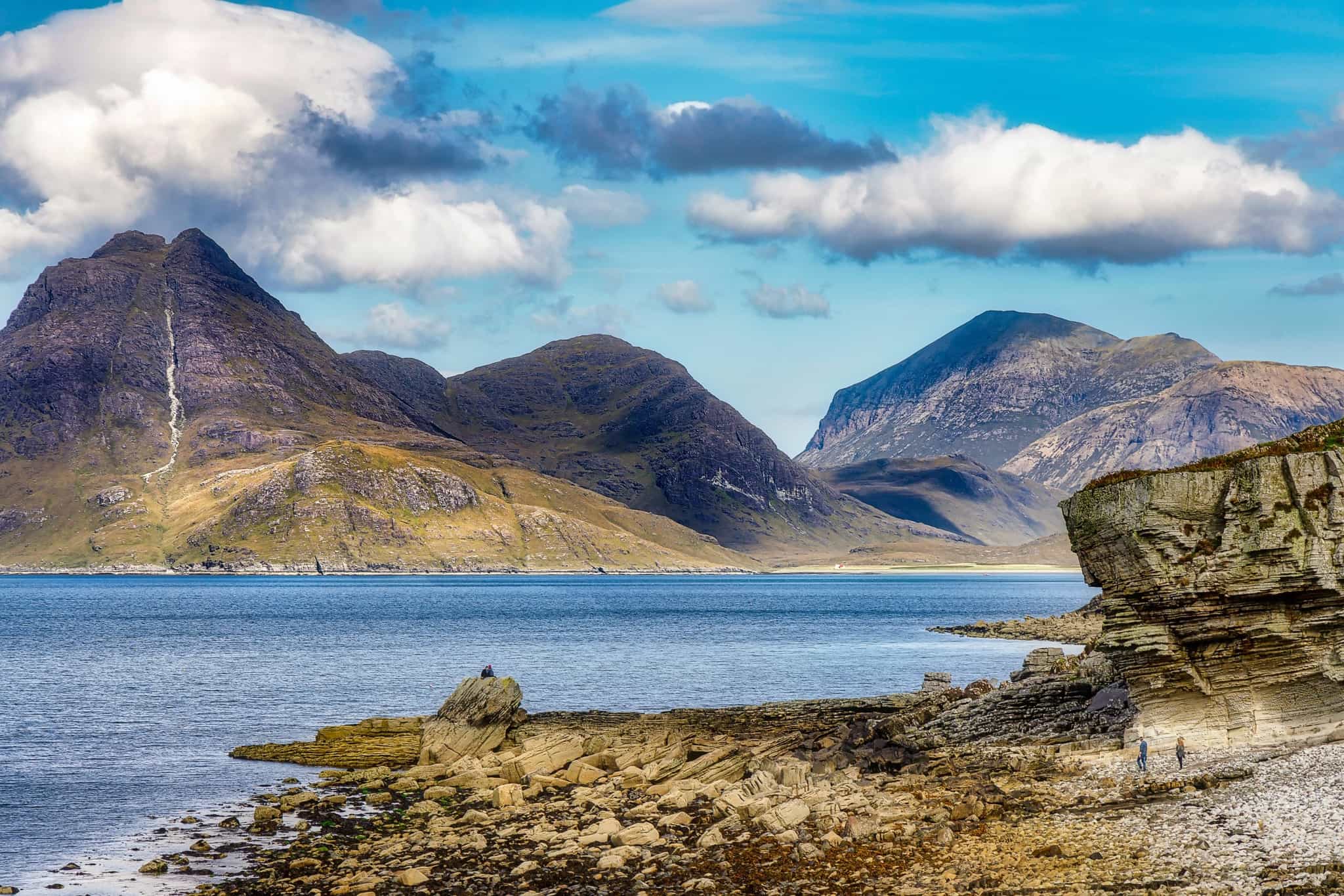 Dramatic mountains and two people on the beach, Isle of Skye, Elgol, Scotland