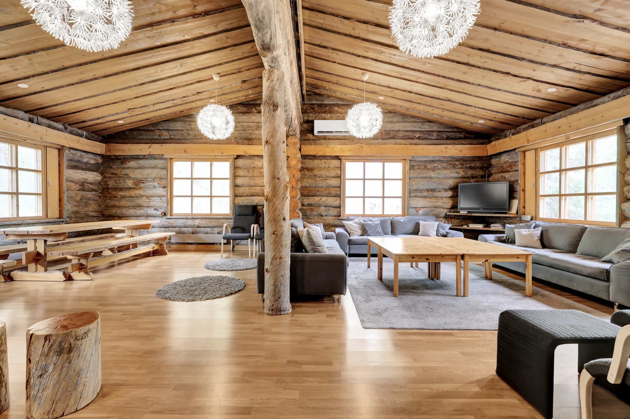 Wooden interior of a Finnish cabin in Lapland.
