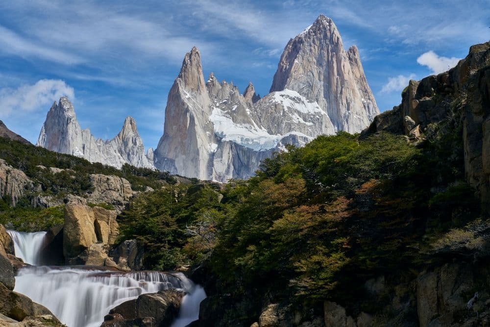 A waterfall overlooking the iconic Mount Fitz Roy peaks in El Chaltén, in the Santa Cruz Province of Argentina. Photo: Getty