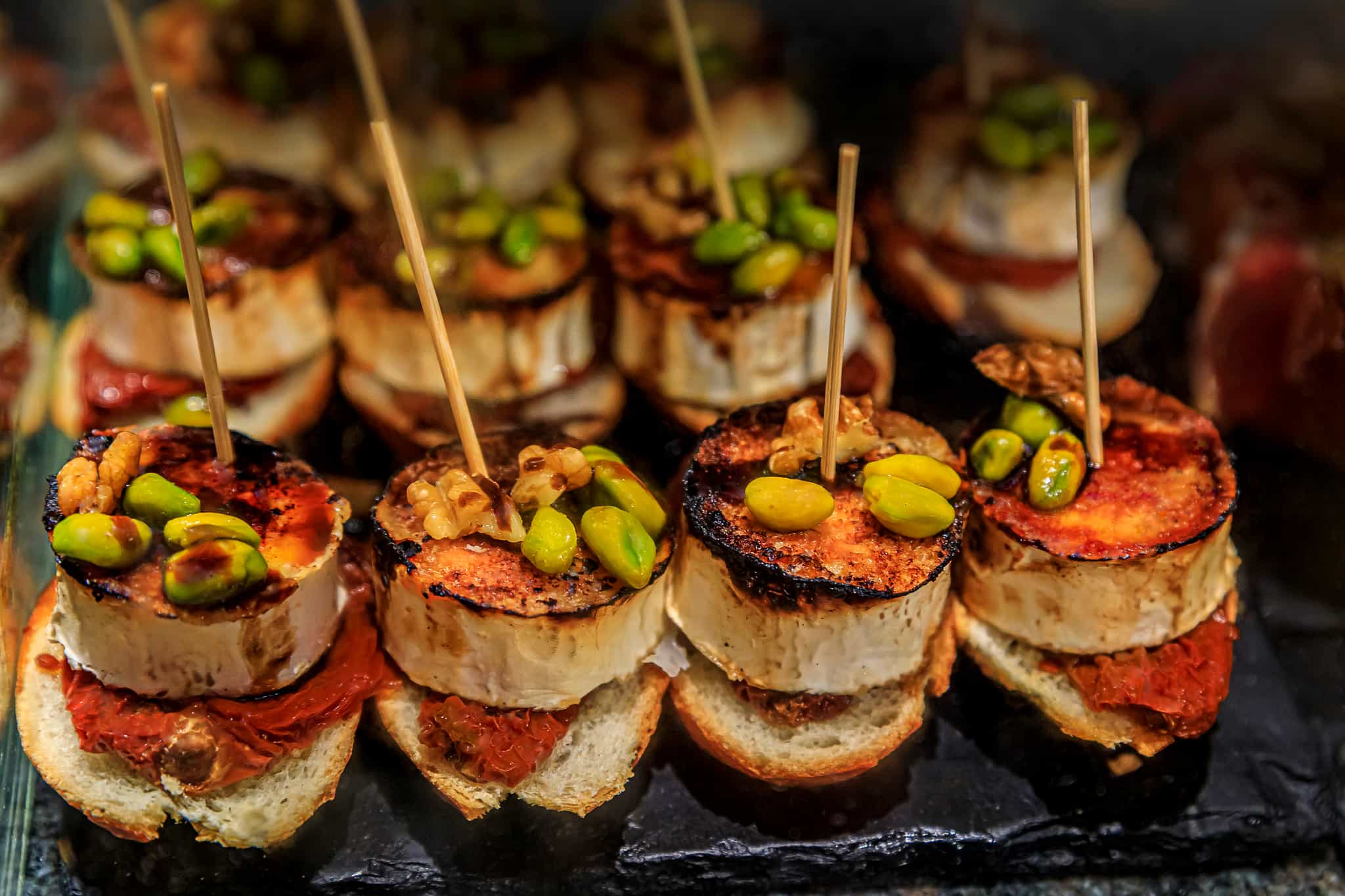 Selection of pintxos in San Sebastian, Spain.
