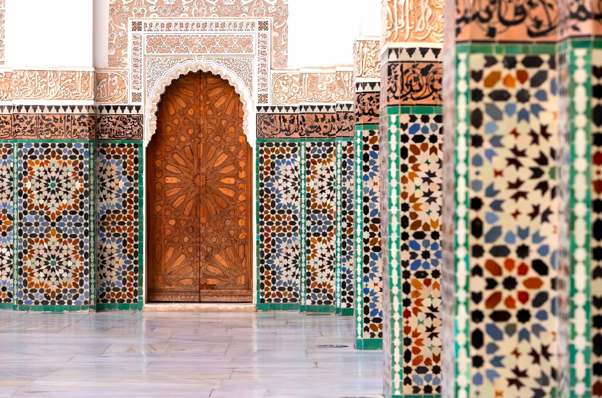 Typical moroccan tiles in the madrasa, Morocco