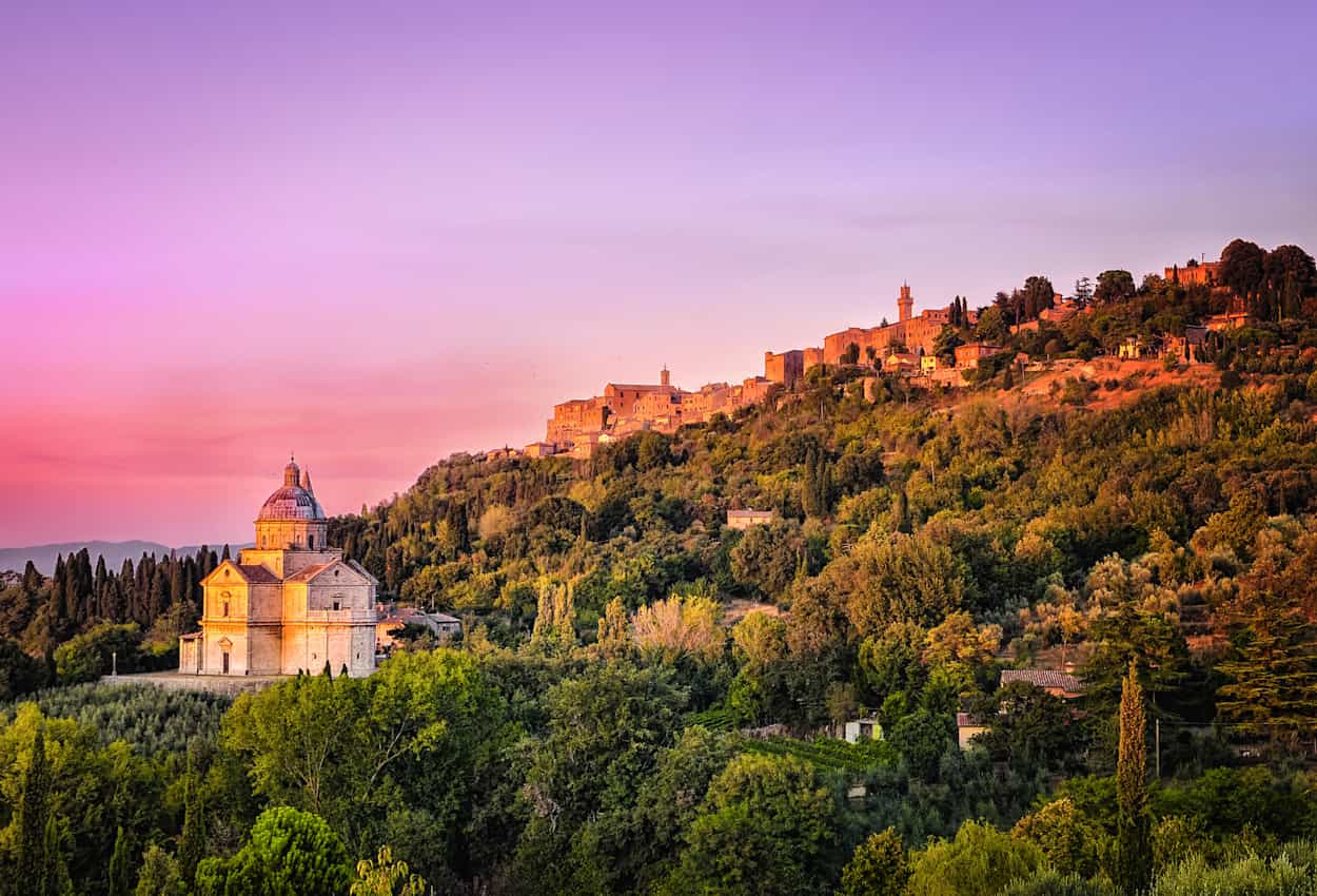 San Biagio Cathedral in Montepulciano at sunset.