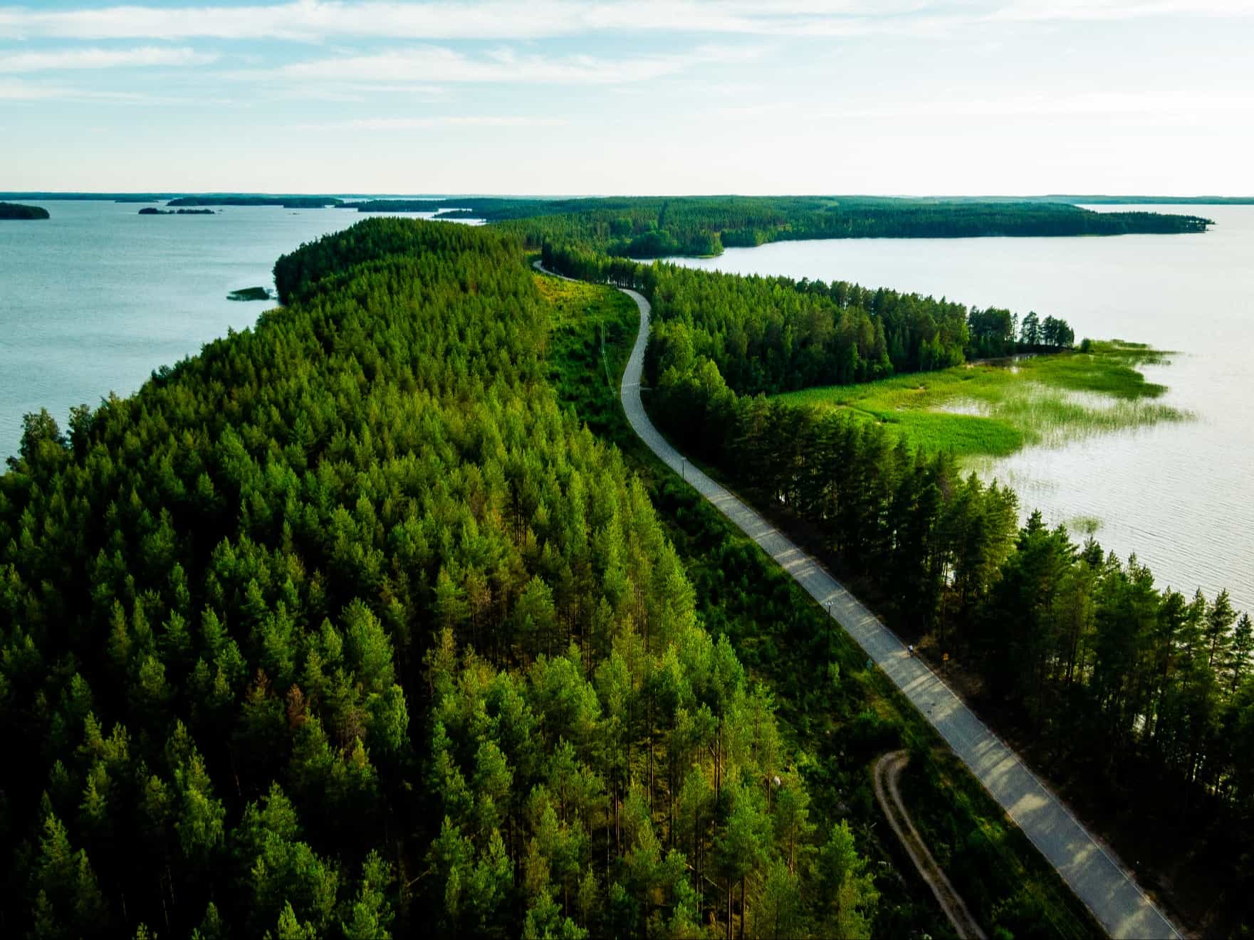 Aerial view of road winding through forest on Lake Saimaa. Taipalsaari.