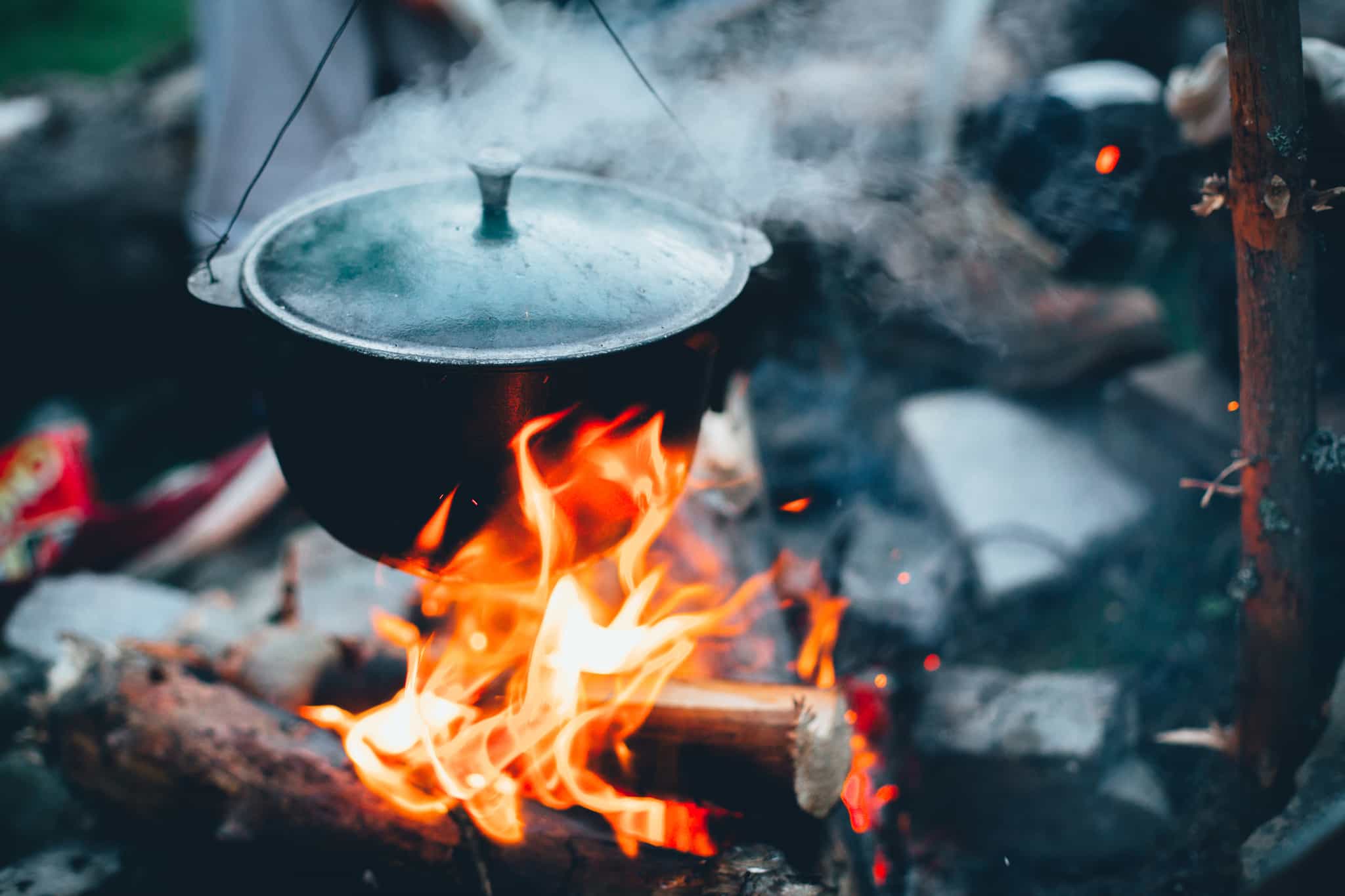 Cooking pot on a fire.